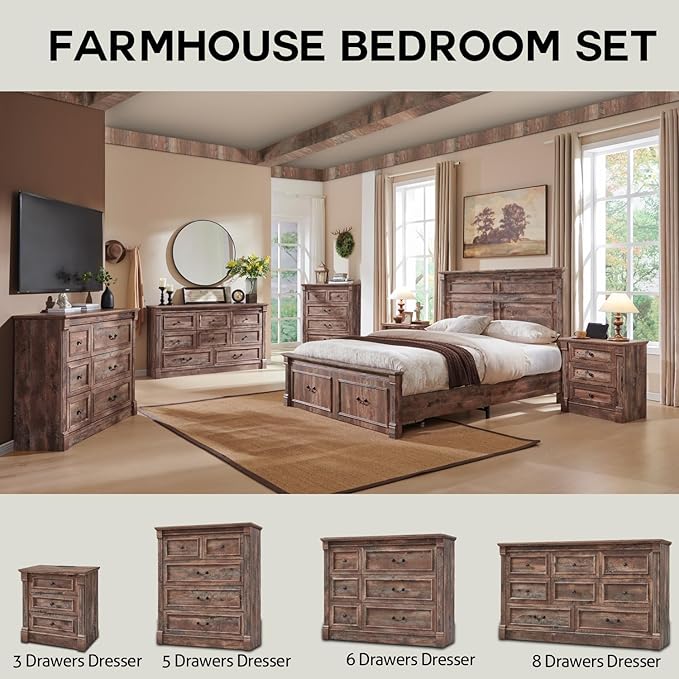 Farmhouse 5 Drawers Dresser for Bedroom, 46" Tall Dressers & Chests of Drawers w/Roman Column, Large Storage Dressers Organizer for Bedroom, Hallway, Living Room, Light Brown