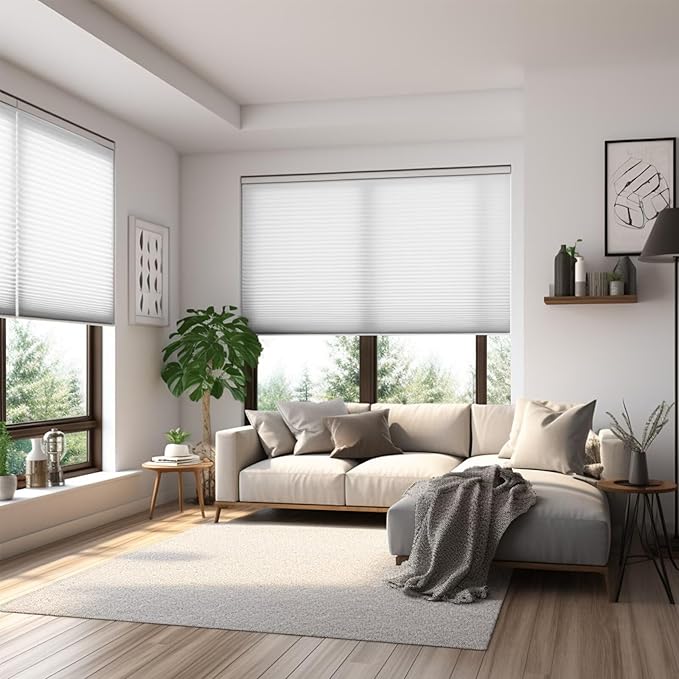 Changshade Cordless Cellular Shades, Light Filtering Honeycomb Shades for Windows, Pull Down Pleated Blinds, Easy to Install for Indoor Windows and French Doors,37" W x 72" H, White