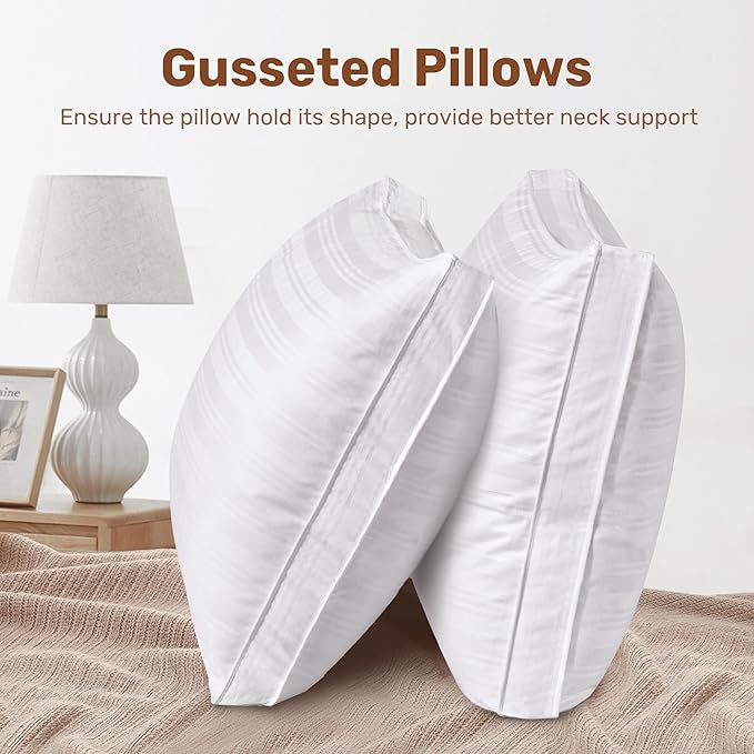 UNIKOME Goose Feathers and Down Pillows with 2 Gusseted Outer Protectors, White Cotton Fabric Bed Pillows for Back Stomach Side Sleepers, Standard/Queen, 20 x 28 inches, Pack of 2
