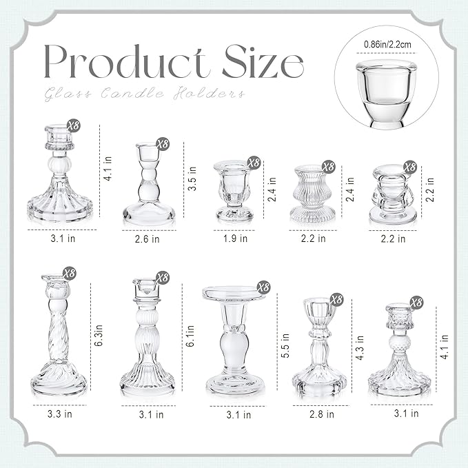 Mumufy 80 Pcs Glass Crystal Taper Candle Holders Clear Glass Candlestick Holder Fit 0.8 Inch Candles Crystal Decorative Candle Stand Centerpiece Table Wedding Dining Party (Classic,Clear)