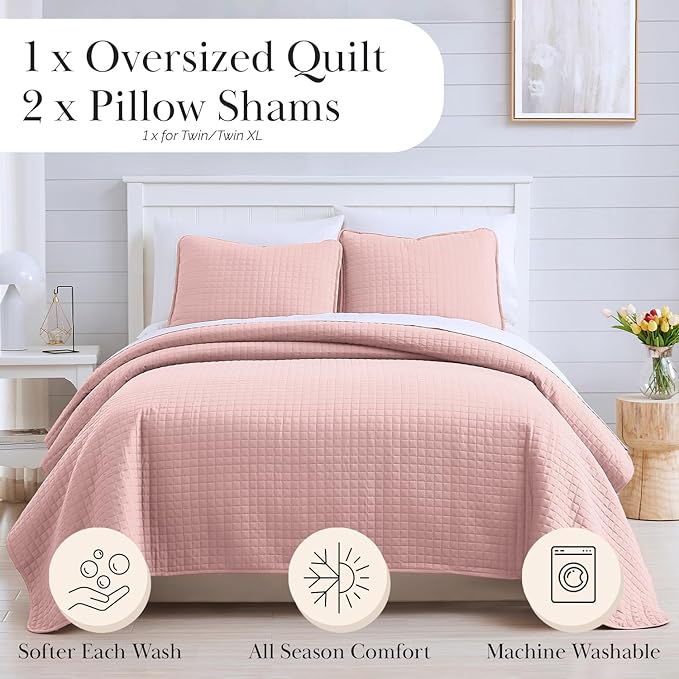 Southshore Fine Living, Inc. Pink Queen Quilt Bedding Set, Oversized Quilts Queen Size/Full, Pet Hair Resistant Bedding, Soft Cozy Bedspread, Full Size Coverlet with 2 Pillow Shams, Pastel Pink