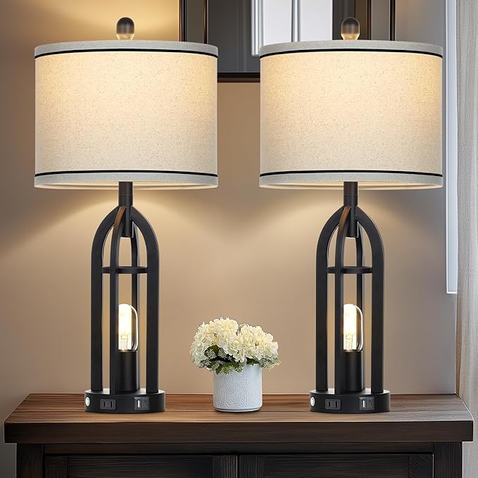 27" Farmhouse Table Lamps Set of 2 with USB A+C Charging Ports,3-Way Dimmable Touch Control Bedside Lamps with Nightlight,Vintage Modern Lamp for Living Room Bedroom with 2 Light Sources