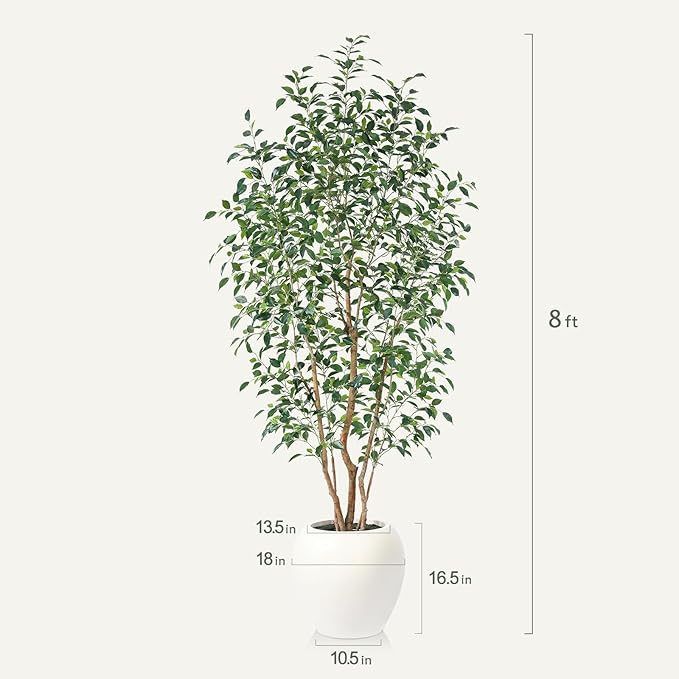 8FT Artificial Ficus Tree, Indoor Faux Ficus Plant with Realistic Leaves & Natural Wood Trunk, 8ft Tall, Green, All Seasons, Perfect for Living Room Home Decor