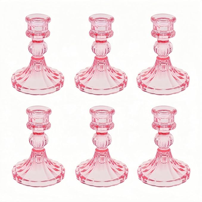 Glass Candlestick Holder,Striped Taper Candle Holders,Set of 6 Candle Stand for Table Centerpieces, Home Decor,Weddings,Festival and Parties (Peach Red Stripe Pattern)