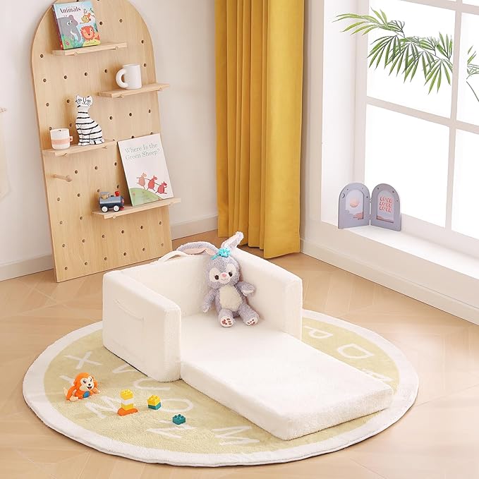 Toddler Chair Sherpa Kids Couch, 2-in-1 Soft Kids Sofa Lounger for Bedroom, Convertible Couch for Girls and Boys, Reading Chair, Beige