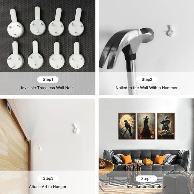 KAIRNE Framed Halloween Canvas Wall Art,Dark Witch Crow Prints,Black Cat Painting,Horror Gothic Pictures Set of 3 (16”X24”),Scary Halloween Wall Decor for Party Living Room Bedroom Office Decoration