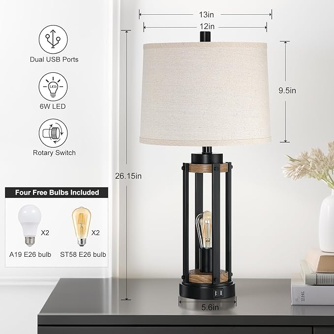 Farmhouse Table Lamps for Living Room Set of 2, 26” Rustic Beside Lamps with USB Charging Ports and Night Light, Bedroom Nightstand Lamp Vintage Reading Lamps for End Table,Bulbs Included