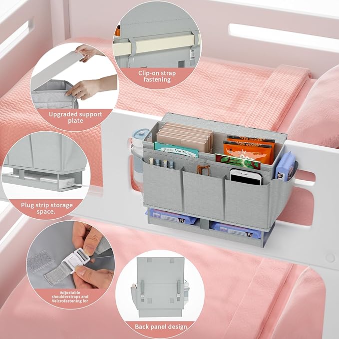 Bedside Caddy, Bed Organizer with 11 Pockets and Power Strip Holder,Versatile Bedside Storage Caddy for Home,Dorm,Bunk,Hospital,Crib Bed (Grey)