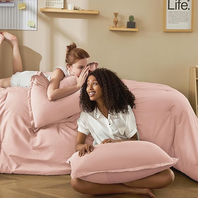 Litanika Pink Twin Comforter Set for Girls, 2 Pieces Kids Blush Plain Bedding Comforter Set, All Season Bed Set (66x90In Comforter & 1 Pillowcase)