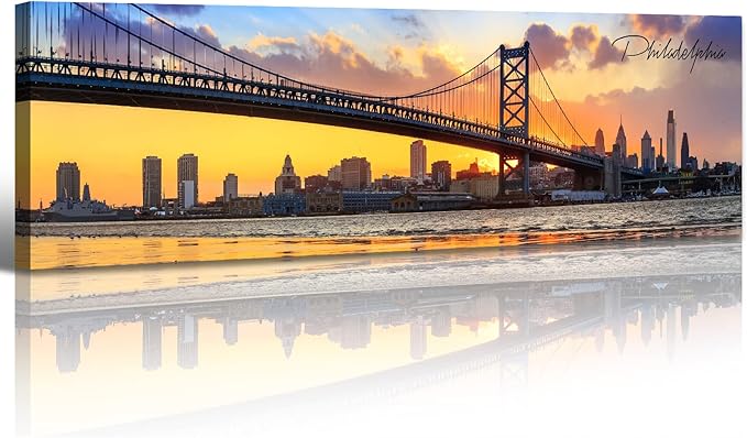 Philadelphia Skyline Wall Art Cityscape Living Room Decor Panorama Pictures City Building House Poster Canvas Print Bridge Sunset Scenery Office Bedroom Decorations Framed 13.8"x45.3"