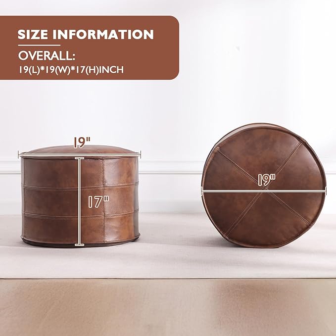 Leather Ottoman,Handmade Stuffed Square Ottoman,Genuine Leather Pouf, Foot Rest Pouf,Comfortable Soft Seating for Living Room & Bedroom (Brown, Round)