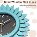 Honiway Wall Clock Battery Operated 12 Inch Rustic Wood Beach Sunburst Decorative Wall Clock Silent Non-Ticking Coastal Wall Decor Clocks for Living Room Kitchen Bathroom Bedroom (Cyan)