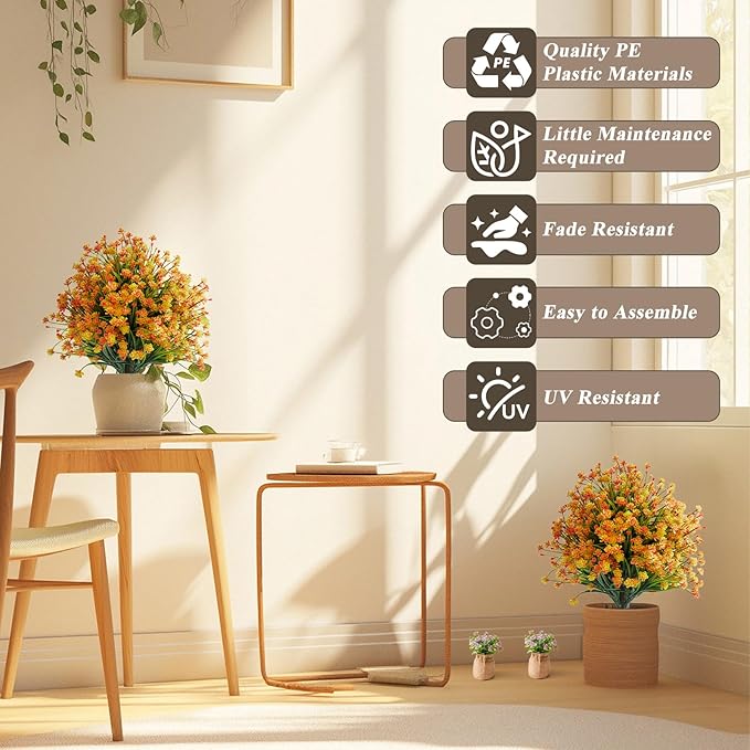 Artificial Monkey Grass Stem with Orange-Red Flowers, Set of 2 Faux Evergreen with Metal Spike, UV Resistant Realistic Faux Shrubs for Garden, Yard, Patio, Porch Outdoor Decor