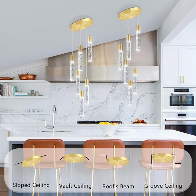 6-Lights Modern Crystal Chandeliers for Dining Room Kitchen Island Crystal Pendants Light Fixture High Ceiling Hanging for Entryway Bedroom Foyer 6000K