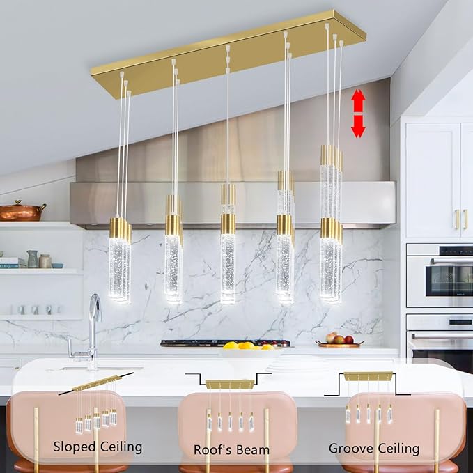 15-Lights Modern LED Pendant Lighting Fixture for Kitchen Island Crystal Chandelier Light Fixtures for Dining Room Living Room Gold
