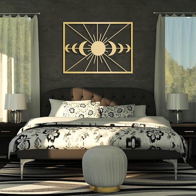 Metal Moon Phase Wall Decor - Sun and Moon Outdoor Wall Art, Set of Moons Artwork for Bedroom, Living Room, Office (Black, 39x29in|100x74cm)