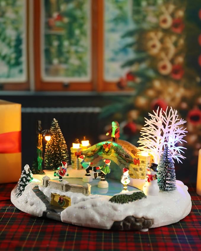 Bdor Christmas Village Lighted Decoration Musical Animated Display Christmas Collectible Skating Battery Operated Indoor Decor
