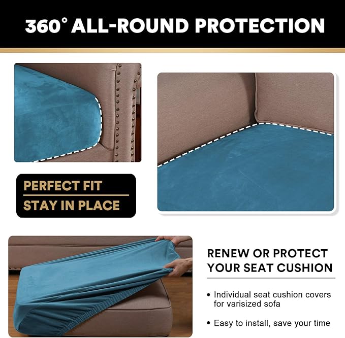 PrinceDeco Couch Cushion Covers, Stretch Washable Sofa Cushion Cover, Fitted Sofa Slipcover Velvet Fabric Non-Slip Furniture Protector for Dog,Pets, Kid (Each Width Up to 29.5", Blue)