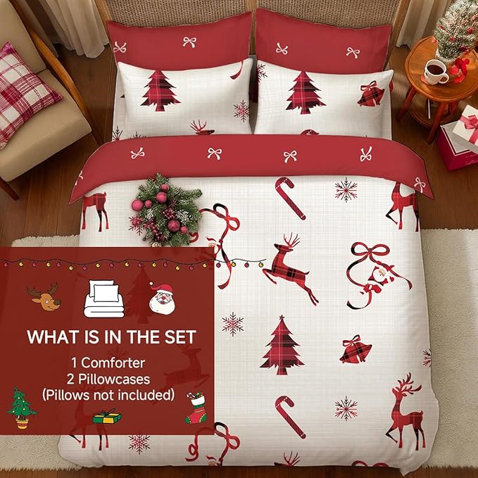 Christmas Comforter Set King Size, Christmas Bed Set with Reindeer, Bows and Santa Claus Snowflakes Bells Bedding for Holiday, 3 Pieces 1 Reversible Comforter and 2 Pillowcases