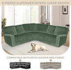 Arfntevss Sectional Recliner Couch Covers Velvet Corner Sectional Sofa Cover for Reclining Stretch Soft L Shape Recliner Slipcover Thick U Shaped Washable Protector (5 Seat Cover, Grayish Green)