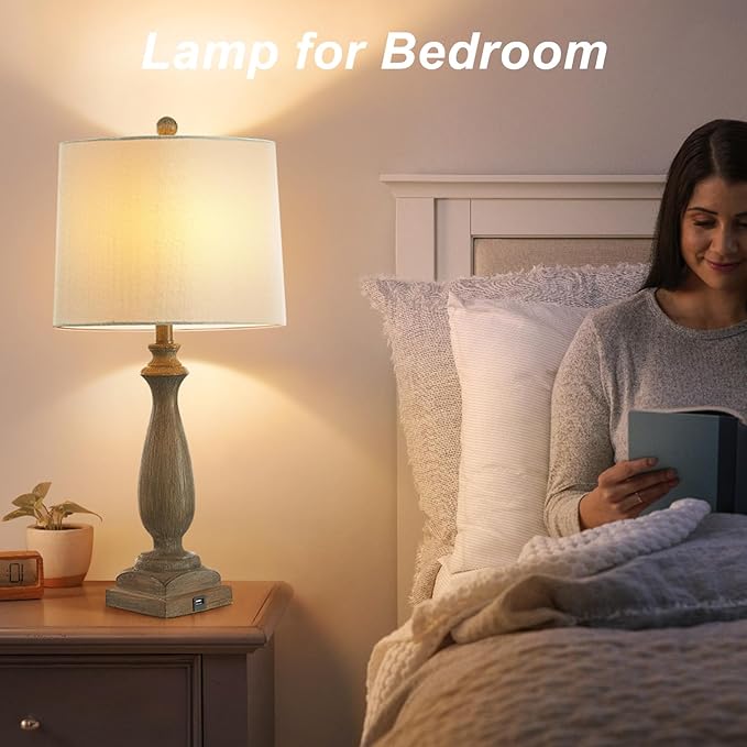 𝟐𝟔-𝐈𝐍𝐂𝐇 Rustic Table Lamp Set of 2 for Living Room, Vintage Farmhouse Bedside Lamp with USB Charging Port, 3 Way Dimmable Resin Nightstand Lamps with White Shade for Bedroom, End Table