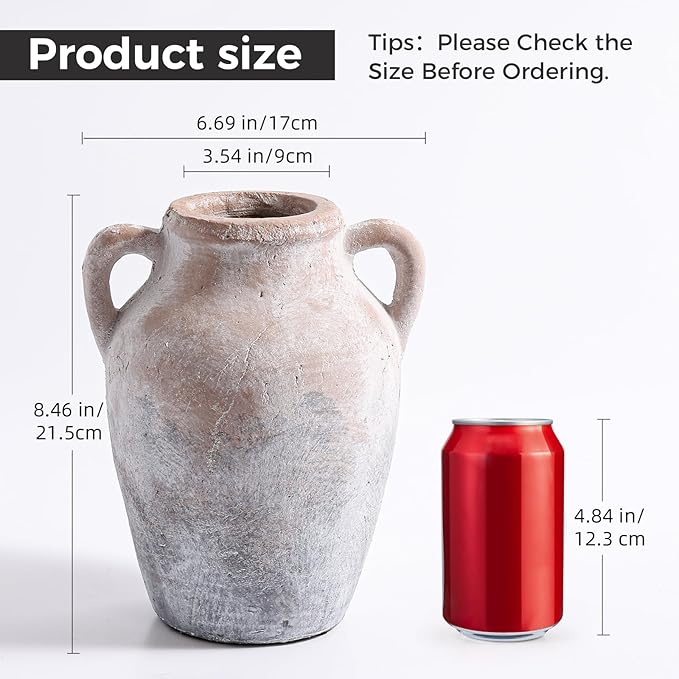 Rustic Farmhouse Decor - 8.46" Brown Ceramic Rustic vase with Dual Handles, Perfect for Home Decor, Vintage,Flower or Decorative vase