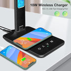 Desk Lamp with Wireless Charger，USB Charging Port, Dimmable Office Desk Light with Clock, Alarm, Date, Temperature, Foldable Lamp for Table Bedroom Bedside Office (Black, Standard Size-13.3 inch)