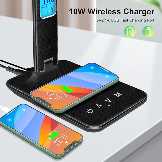 Desk Lamp with Wireless Charger，USB Charging Port, Dimmable Office Desk Light with Clock, Alarm, Date, Temperature, Foldable Lamp for Table Bedroom Bedside Office (Black, Standard Size-13.3 inch)