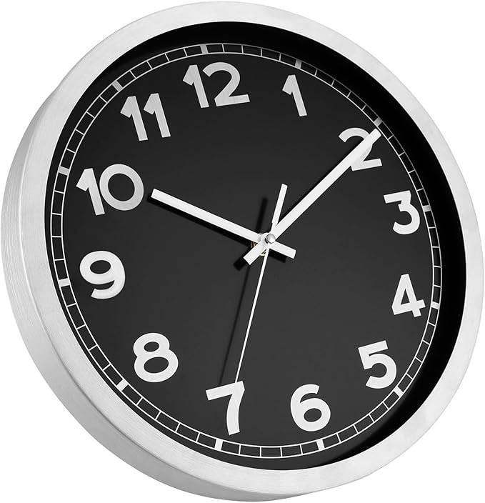 Plumeet Extra Large Wall Clock, 16 Inch Battery Operated Wall Clock with Silver Aluminum Frame, Non Ticking Silent Metal Wall Clocks Decorative Kitchen Living Room Bedroom, Black