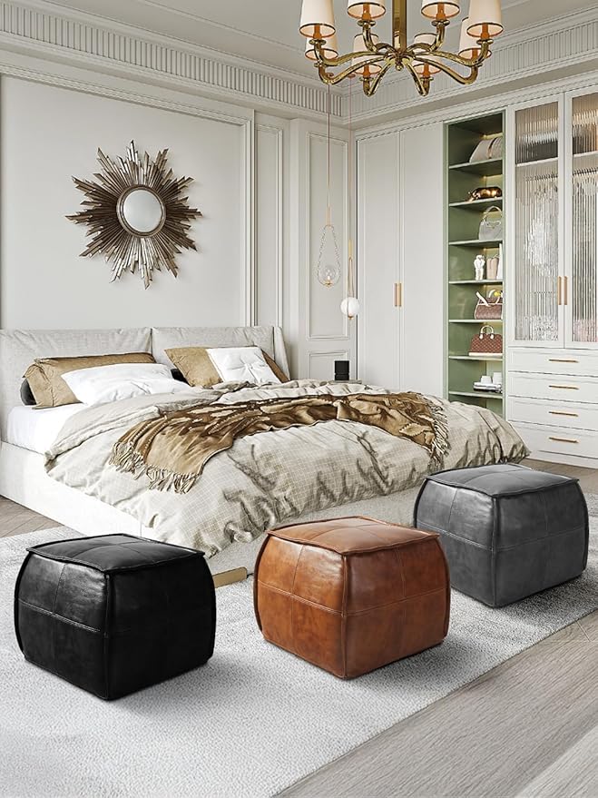 Genuine Leather Square Pouf Ottoman Footstool for Living Room, Bedroom, Indoor (Brown)
