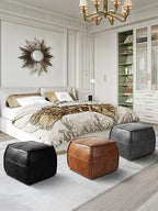 Genuine Leather Square Pouf Ottoman Footstool for Living Room, Bedroom, Indoor (Black)