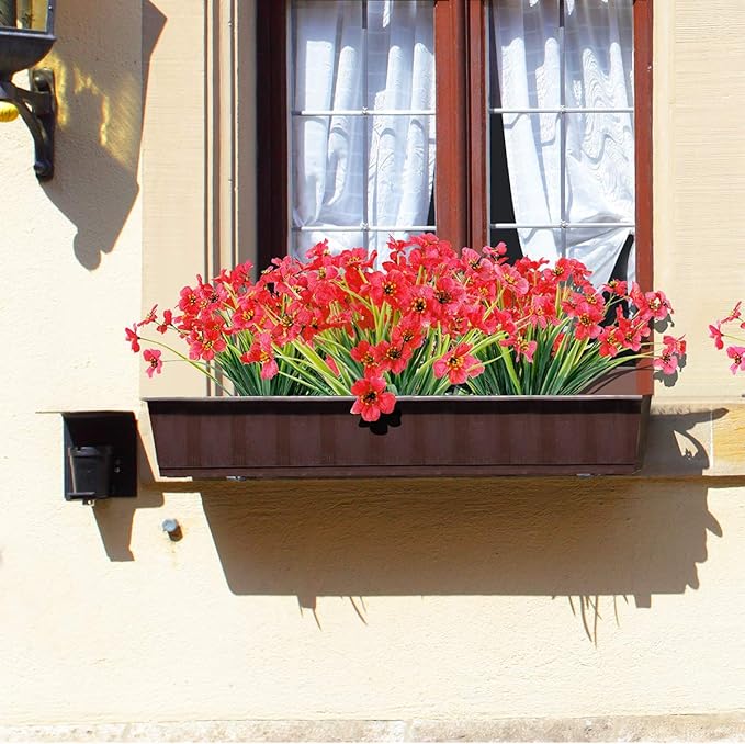 12 Bundles Artificial Flowers Outdoor UV Resistant Fake Flowers No Fade Faux Plants Garden Porch Window Box Decorating (Deep Red)