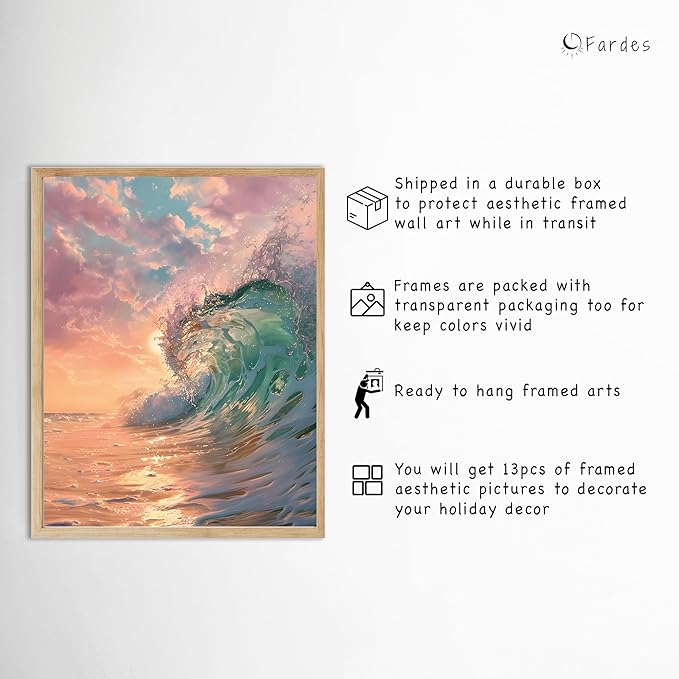 Framed Wall Art for Beach Wall Decor, 13pcs Beachy Prints for Room Decor, Natural Oak Framed Wall Prints, Ready to Hang Beach Artworks, Eclectic Wall Pictures, Coastal Room Decor