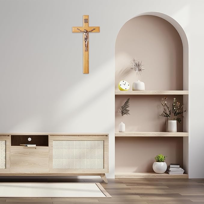 ACHIBANG Catholic Crucifix Wall Cross – 12 Inch Wooden Jesus Cross for Wall, Faithful Christian Cross Wall Gift for Prayer Room, Home, Confirmation or Easter