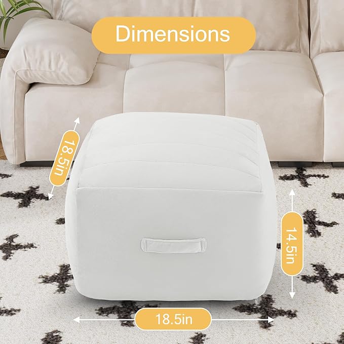 MeMoreCool Square Stuffed Pouf Ottoman Foot Rest, Floor Pouf Foot Stool with Foam Chunk Filling, Soft Stuffed Ottoman Footrest for Living Room, Off-White