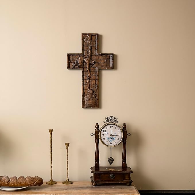 BGCOPPER Crucifix Wall Cross Handmade Wooden Cross with Hook, Christian Wall Art Jesus Wall Cross Gifts for Church Home Room Decor Christmas Cross - 10 Inch