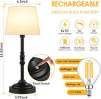 GGOYING Set of 2 Rechargeable Cordless LED Table Lamps, 4-Level Dimmer, Black Portable Desk Lamps with White Fabric Shades, Night Light for Dining, Bedroom and Patio