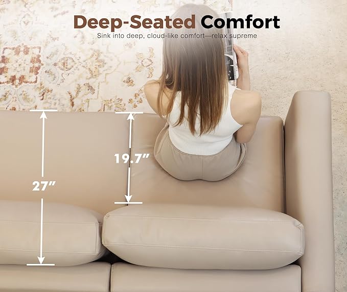 118.5" Faux Leather Modular Sectional Sofa, L Shaped Couch Set for Living Room, 7-Seater Comfy Cloud Couches with Storage Seat Whitesand