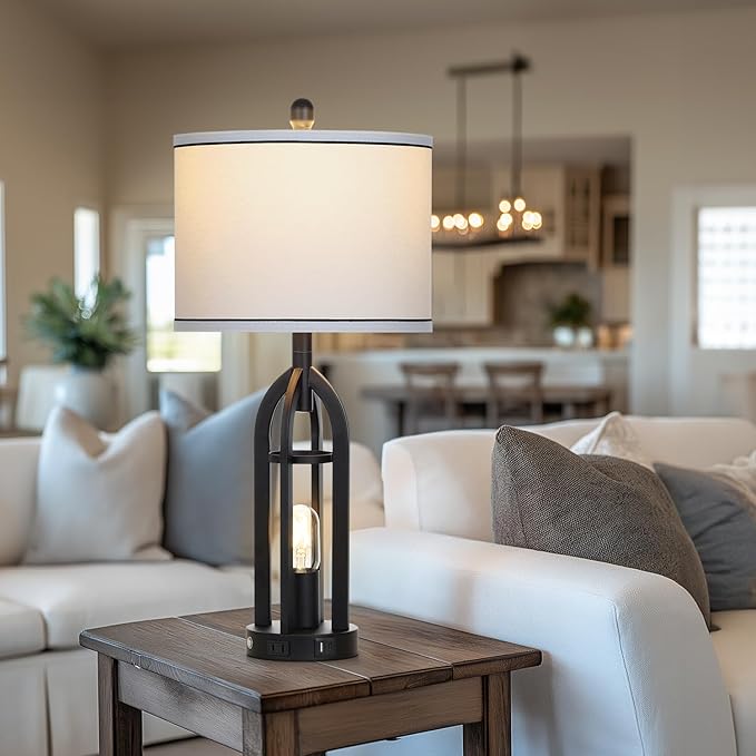 27" Black Table Lamp for Living Room,Black Table Lamps Set of 2 with USB & AC Outlet, 3-Way Dimmable Farmhouse Lamps for Night Stands, Vintage Bedside Lamp for End Tables, Nightstand Lamps for Bedroom