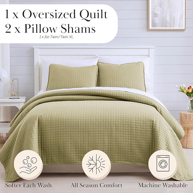 Southshore Fine Living, Inc. Twin Quilt Bedding Set, Soft Brushed Microfiber Taupe Quilts, Twin/XL Coverlet Bedspread, Wrinkle & Pet Hair Resistant Bedding with 1 Pillow Sham, Taupe