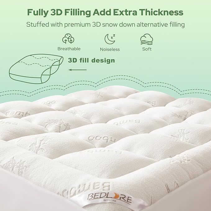BEDLORE California King Mattress Topper Viscose Derived from Bamboo, Thick Pillow Top Mattress Pad with Stretchable Pockets for 6-18 inches Mattress, Soft Mattress Topper for Back Pain Relief