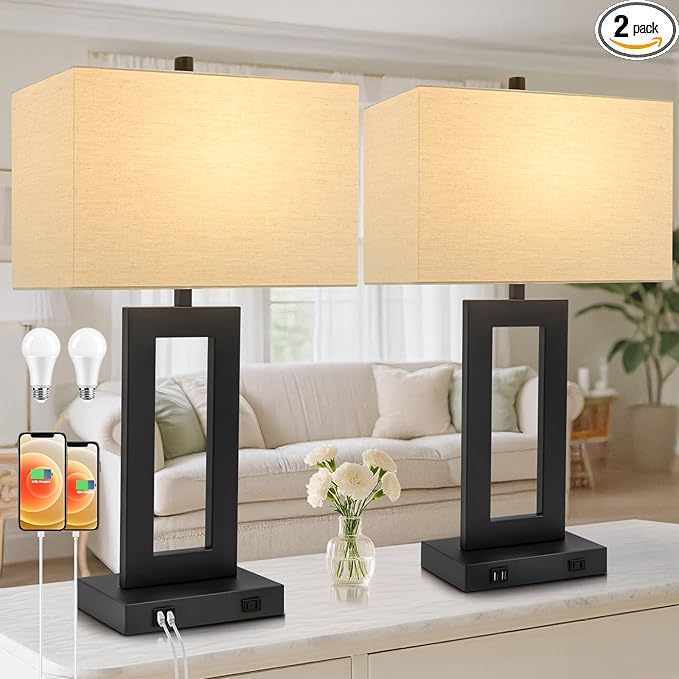 28’’ Tall Lamps for Living Rooms Set of 2, Modern Black Touch Control Table Lamps for Bedroom, 3 Way Dimmable Bedside Lamps with 2 USB Ports&AC Outlet, High-end Decor Lamp for Home Office