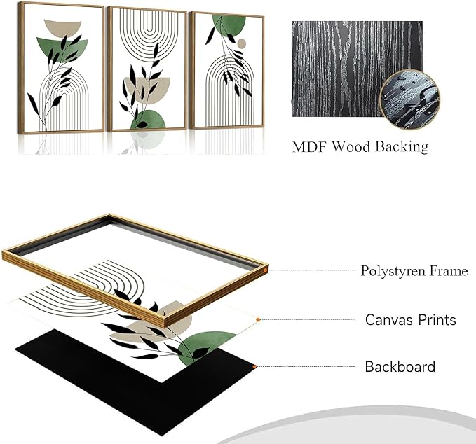 Bwodke Boho Wall Art, Framed Abstract Wall Art, Line Plants Leaf Canvas Wall Decor, Mid Century Sage Green Geometric Pictures Set of 3, Minimalist Paintings, for Bedroom Living Room Bathroom 16"x24"