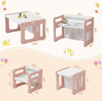 3 in 1 Montessori Weaning Table and 2 Chairs Set, Kids Desk and Chair Set, 2 Height Levels, Toddlers Activity Table for Drawing, Dining, Reading and Playing, Pink