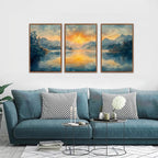 KAlRNE Sunset Mountain Canvas Wall Art,Abstract Scenery Wall Painting,Blue Landscape Lake Pictures,Watercolor Mountains Forests Art Prints For Living Room Bedroom Office Decoration - Framed 16X24 Inch