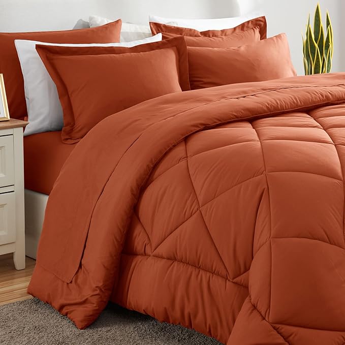 CozyLux King Size Comforter Set Burnt Orange - 7 Pieces Bed in a Bag King, Luxury Soft Bed Set for All Seasons, Bedding Set with Down Alternative Comforter, Sheets, Pillowcases & Shams, Terracotta