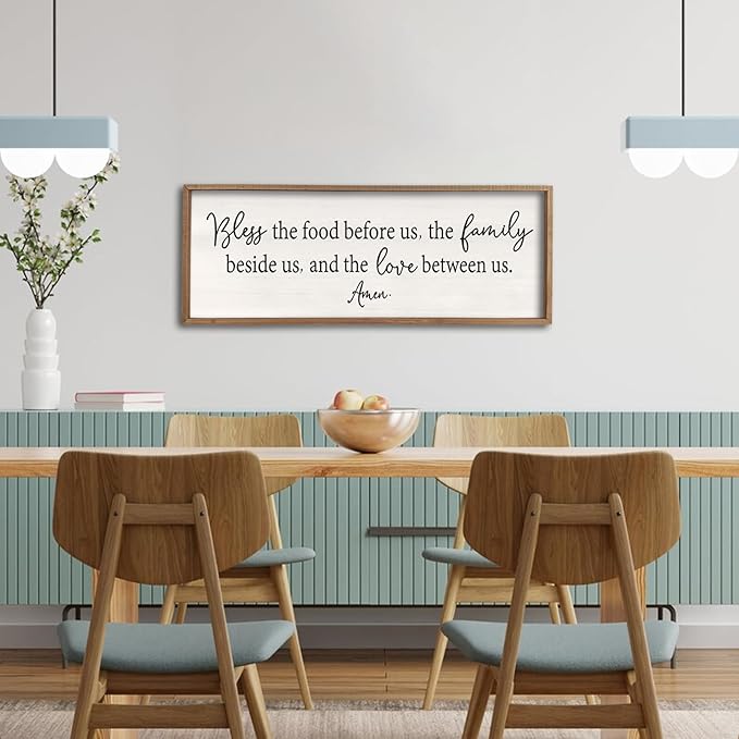 Bless the Food Before Us Sign Wall Decor 40"X15" Large Farmhouse Dining Room Wall Decor Framed Wood Rustic Home Wall Art Kitchen Hanging Decoration (Wood White)