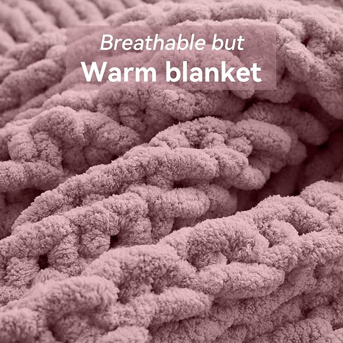 Chunky Knit Throw Blanket, 60''*80'' Knitted Throw Chenille Yarn for Bed Couch, Handmade Muted Pink Crochet Big Thick Blanket, Machine Washable Cute Comfy Blanket for Home Decor