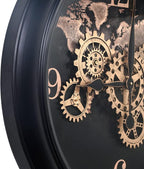 CLXEAST 24 Inch Moving Gear Wall Clock with World Map Pattern,Large Black Gold Metal Wall Clock for Modern Farmhouse Living Room Decor,Reloj De Pared para Sala
