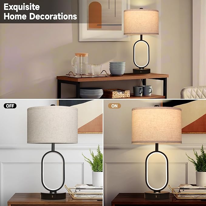 23" Bedside Lamps Set of 2, Farmhouse 3-Way Dimmable Touch Lamps for Nightstand, Built-in Night Light Bedside Table Lamp with USB A+C Ports, Black Table Lamp, LED Bulbs Included